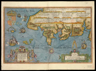 Karte der Küste Englands mit dem Meer, dekoriert mit Schiffen und Monstern
