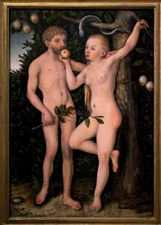 Adam und Eva. Gemälde von Lucas Cranach dem Älteren (1472-1553), um 1538. Flämische Kunst des 16. Jahrhunderts. Nationalgalerie, Palais Sternberg, Prag (Tschechische Republik).