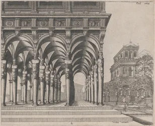Loggia mit Satyr-Termini und einem Garten