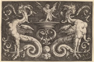 Ornament mit zwei Sphinxen und einem geflügelten Mann