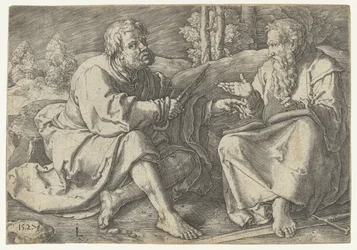 Paulus und Petrus sitzend in einer Landschaft
