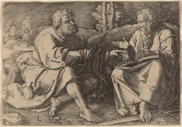 Heilige Peter und Paul sitzen in einer Landschaft