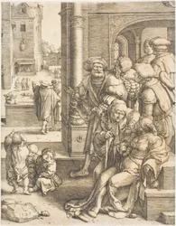Der Dichter Virgil in einem Korb aufgehängt