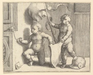 Zwei nackte Kinder, die ein leeres Schild halten