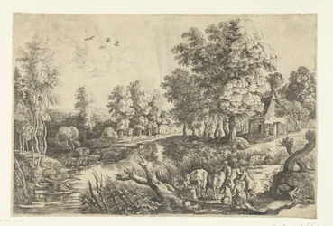 Bauern mit Vieh an einem Bach