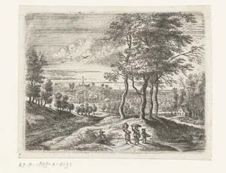 Waldlandschaft mit zwei Frauen und einem Jungen mit einem Korb