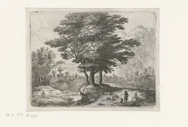 Drei Bäume, ein Hirte mit Schafen und ein Hund