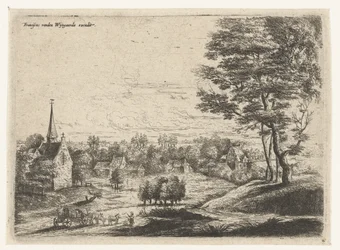 Blick auf ein Dorf mit einem Planwagen