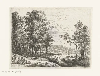 Landschaft mit drei Figuren an einem See