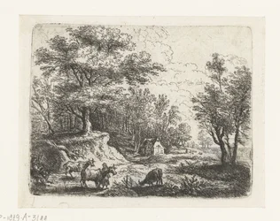 Landschaft mit drei Kühen und einer Frau