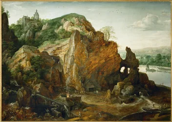 Landschaft am Maas-Fluss mit Eisenerzmine und Schmelzofen, vielleicht Schloss Beaufort