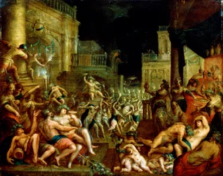 Das Festmahl des Midas zu Ehren von Bacchus und Silen. Um das 16. Jahrhundert