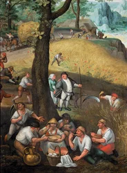 Sommerlandschaft: Erntearbeiter beim Ausruhen und Essen