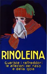Werbung für das Medikament Rinoleina gegen Erkältungen, Halsschmerzen und Husten. Illustration von Lucien Achille Mauzan (1883 - 1952).