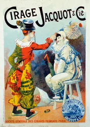 Werbung für Jacquot-Politur. Zwei Clowns schminken sich mit Politur. Zeichnung von Lucien Lefevre (1850-?). 1894 Paris. Arts Decoratifs - Werbung für Wachs Jacquot: Zwei Clowns schminken sich mit Schuhpolitur, von Lucien Lefevre