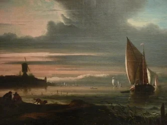 Meeresufer mit Segelbooten und Windmühle (Detail)