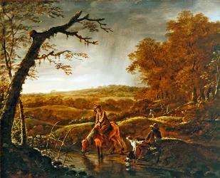 Jäger ruhen sich mit einem Pferd und Hunden an einem Bach aus, um 1650
