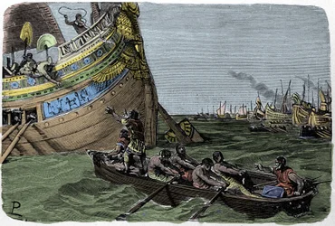 Marc Antoine (83-30 v. Chr.) flieht mit Kleopatra (51-30 v. Chr.) nach der Niederlage in der Schlacht von Actium am 2.09.31 v. Chr., Illustration von Ludovico Pogliaghi aus „Storia d