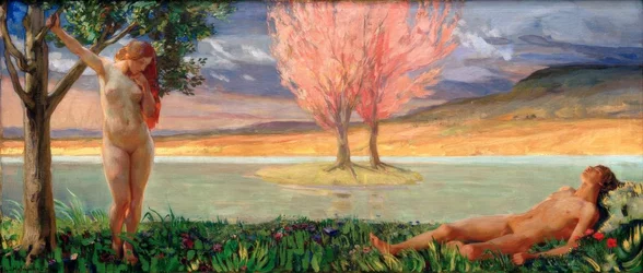 Adam und Eva in paradiesischer Landschaft