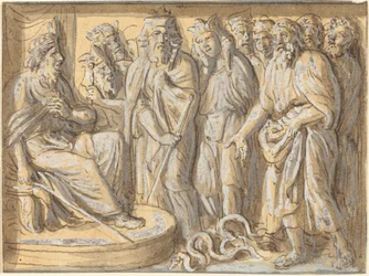 Moses und Aaron vor dem Pharao, mit den in Schlangen verwandelten Stäben