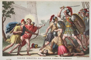 Paris tötet Achilles oder Paride diretto da Apollo Ferince Achille, Buch XIII, Illustration aus Ovids Metamorphosen, Florenz, 1832