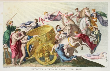 Phaeton fährt den Sonnenwagen oder Fetonte Monta il Carro del Sole, Buch II, Illustration aus Ovids Metamorphosen, Florenz, 1832