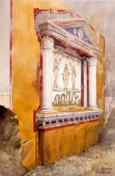 Lararium oder Familienaltar, nach der Ausgrabung am ursprünglichen Standort, Haus des Aulus Vettius, Pompeji, ca. 36-39 n. Chr., 1895