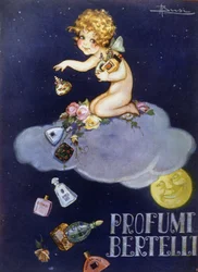 Werbung für Bertelli-Düfte. Illustration von Brisi (Busi)