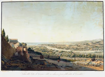 Blick auf Genua und Umgebung von der Straße nach Camaldoli (Radierung)