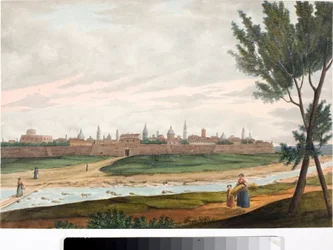 Ansicht einer ummauerten Stadt, wahrscheinlich Lucca in der Toskana