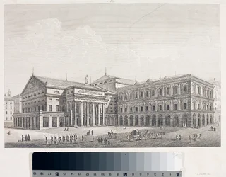 Ansicht des Carlo Felice Theaters und des Palastes der Akademie in Genua (Radierung)