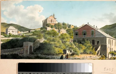 Ansicht des Hügels und der Kirche von Oregina, Genua