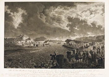 Ansicht der Brücke Pila in Genua nach der Überschwemmung des Bisagno-Bachs am 26.10.1822 (Radierung, ca. 1822)