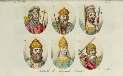 1. Rurik 2. Igor von Kiew 3. Olga 4. Swjatoslaw 5. Wladimir der Große 14. Iwan IV aus Il costume antico von Giulio Ferrario, 1831