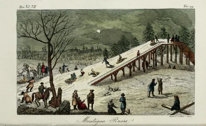 Achterbahn. Illustration aus Il costume antico e moderno o storia del governo von Giulio Ferrario