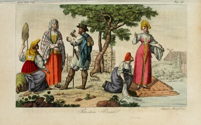 Russische Bauern. Illustration aus Il costume antico e moderno o storia del governo… von Giulio Ferrario, 1831