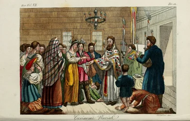Die Verlobung. Illustration aus Il costume antico e moderno o storia del governo… von Giulio Ferrario, 1831