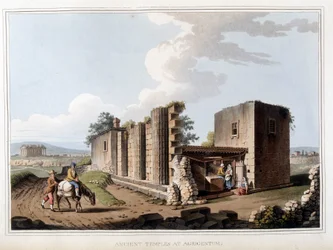 Antiker Tempel in Agrigent in Italien. In „Ansichten in den osmanischen Herrschaften, in Europa, in Asien und einigen Mittelmeerinseln“ nach den Originalzeichnungen von Luigi Mayer, London