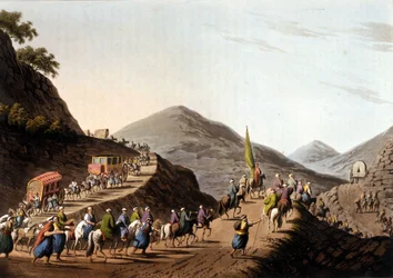 Exodus auf den Straßen der Balkangebirge - in „Views in the Ottoman Dominions, in Europe, in Asia, and some of the Mediterranean islands“ nach den Originalzeichnungen von Luigi Mayer, London