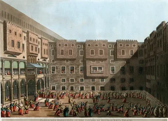 Mamluken trainieren im Hof des Murad-Bey-Palastes, Tunis (Lithographie)