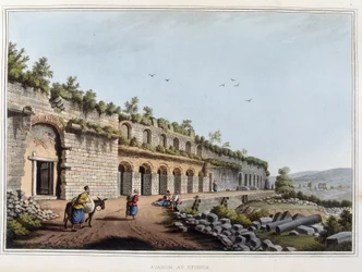 Stadion in Ruinen in Ephesus, ehemals antike Stadt Griechenlands, heute in der Türkei. In „Ansichten in den osmanischen Herrschaften, in Europa, in Asien und einigen Mittelmeerinseln nach den Originalzeichnungen von Luigi Mayer, London