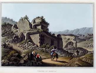 Theater in Ruinen in Ephesos, ehemals antike Stadt Griechenlands, heute in der Türkei. In „Ansichten in den osmanischen Herrschaftsgebieten, in Europa, in Asien und einigen Mittelmeerinseln“ aus den Originalzeichnungen von Luigi Mayer, London