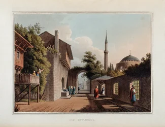 Eine Straße in Istanbul - in „Ansichten in den osmanischen Herrschaftsgebieten, in Europa, in Asien und einigen Mittelmeerinseln“ von Luigi Mayer, London