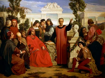 Geburtstag und Parentalia von Platon (428 v. Chr.-348 oder 427 oder 347 v. Chr.), gefeiert in der Villa di Careggi von Lorenzo dem Prächtigen