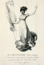 Porträt der französischen Ballonfahrerin Sophie Blanchard während ihres Fluges in Mailand, Italien, 1811