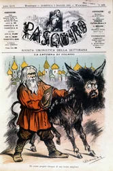 Karikatur über Tolstoi von Luigi Sapelli Caramba bezüglich des Briefes, den Tolstoi an den Heiligen Stuhl schickte. Titelblatt des Pasquino vom 5. Mai 1901