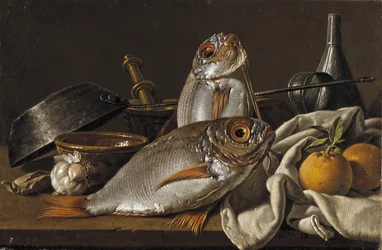 Stillleben mit Brassen, Orangen, Knoblauch und Küchenutensilien, 1772