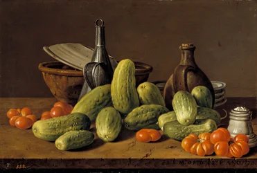 Stillleben mit Gurken, Tomaten und Gefäßen