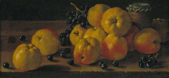 Stillleben mit Äpfeln, Trauben und einem Topf Marmelade