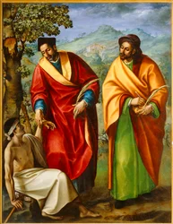 Die Heiligen Cosmas und Damian, Ärzte, heilen eine kranke Person